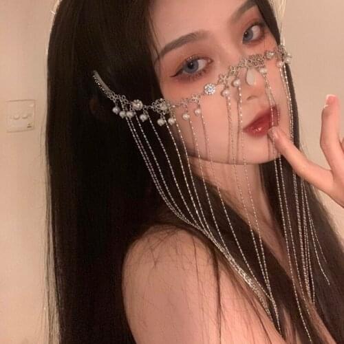 Face Cover Hair Clip Mesh Multi-Layers Tassel Veil Chain with Pearl Masquerade Mask Fancy Cover Face Decoration