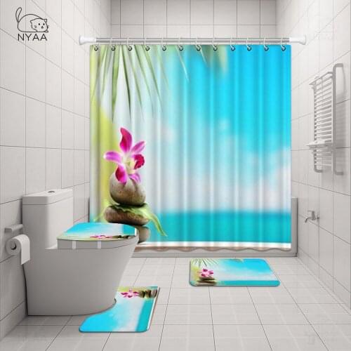 Sea Beach Printed Waterproof Shower Curtain Bathroom Non-slip Rug Set Bath Carpets Toilet Seat Cover Floor Mat Bathroom Decor