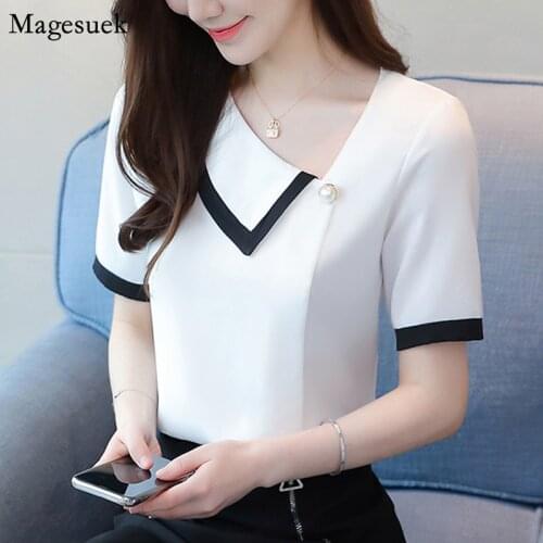 Fashion Summer Women White Shirt Short Sleeve Solid Chiffon Shirts Women Blouses Slash Neck Office Lady Loose Tops Blusas 9203