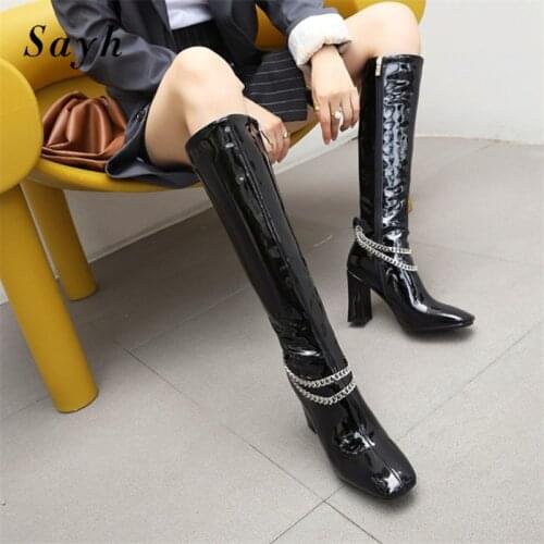 Winter Woman Outdoor Shoes Metal Chain Knee High Boots Patent Leather Square Toe Boots Thick Heel High Boots Fashion Boots