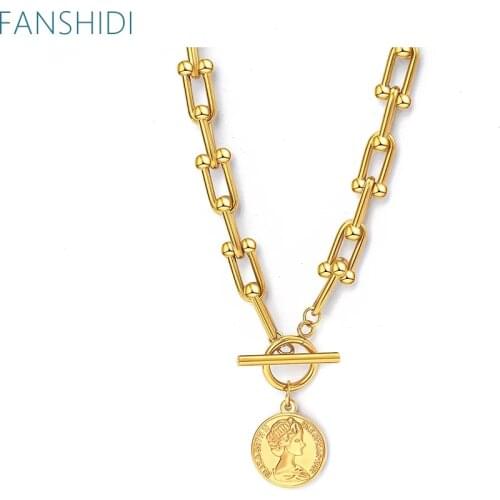 FANSHIDI Statement Metal Coin Pendant Necklace For Women Texture Geometric Collar Heavy Duty Chain Bijoux pour femmes