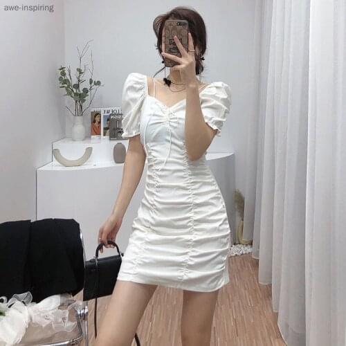 2021 Summer New Dress Strapless Sling V-neck Puff Sleeves Pleated Slim Fashion Waist Bag Hip Bow Short Skirt Pure Color
