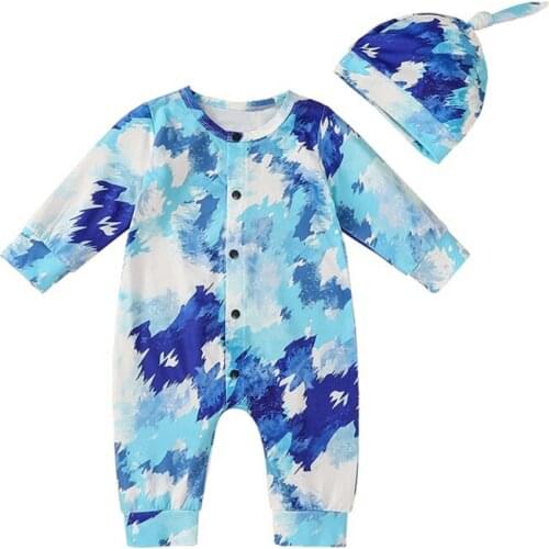 2021 Fashion Tie dye Newborn Baby Boy Girl Long Sleeve Rompers +Hat Outfits 2Pcs