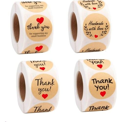 500pcs Round Thank You Heart Stickers Handmade With Love Kraft Paper Sticker Baker Business Seal Label Scrapbooking Stationery