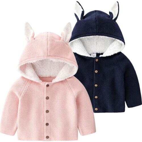 Baby Hooded Jackets Blue/Pink Knitted Coat For Toddler 3D Rabbit Ears Warm Sweater Hoodie Winter Infant Girl/Boy Knitted Jackets