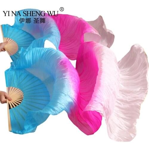 High Quality Chinese Real silk/ Imitation Silk veil belly dance fans 1Pair belly dance long fans handmade dyed dance props