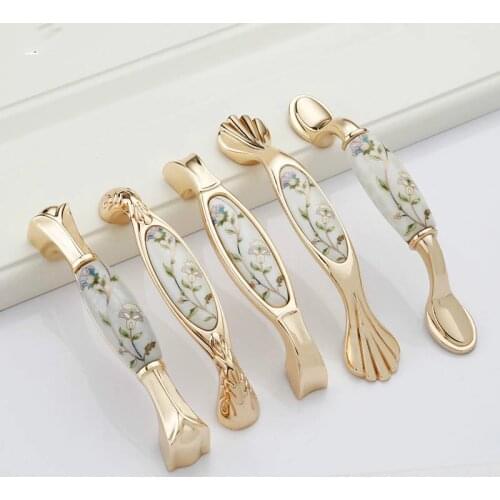 JD European style Golden Ceramic Cabinet Wardrobe Handle Desk Bookcase Door Handle Furniture Drawer Knob Hardware Eden Garden