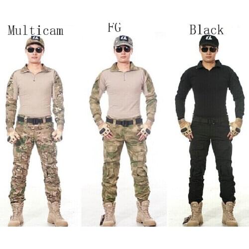 Mens TDU Tactical Airsoft Paintball Combat Set Uniform T-shirt and pants W/2 elbow and 2 knee pads for hunting