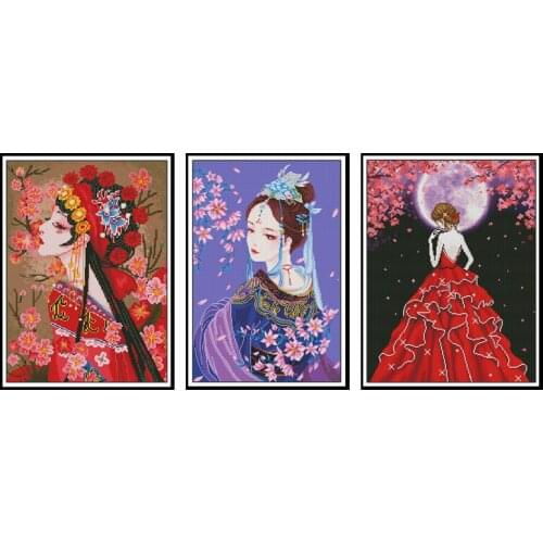 Pretty Lady on Moonlit Night Patterns 11ct Counted Cross Stitch Kits DIY Hand Embroidery Kits 14CT Printed Fabric Needlework Set