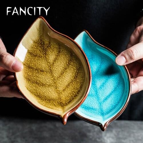 FANCITY Creative leaf ice cracked dish, ceramic dish, simple small dish, vinegar dish, soy sauce dish, seasoning dish, snack