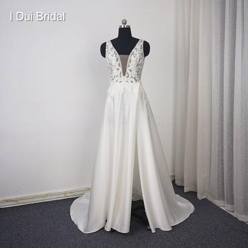 V Neck Lace Satin Wedding Dress with Split Leg Pearl Beaded Lace Appliqued Bridal Gown