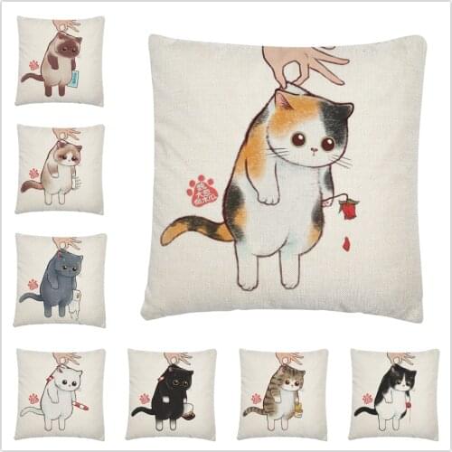 Owner Carrying Kitten Cat Cartoon Pattern Linen Cushion Cover Pillowcase Home Sofa Car Decoration Pillowcase 45X45 Cm