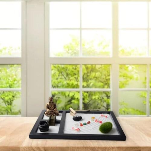Mini Zen Garden Sand Tray Set 3 Grids Buddha Statues Zen Garden Set Sand Bridge Tree Sandy Beach Micro Landscape Crafts
