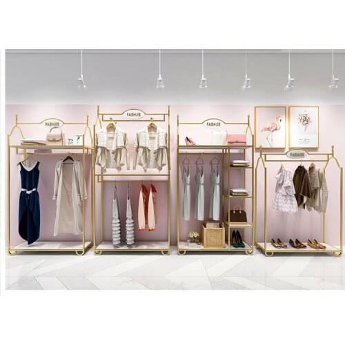 Clothing store display rack floor-standing gold double layer womens clothing store dedicated clothes rack