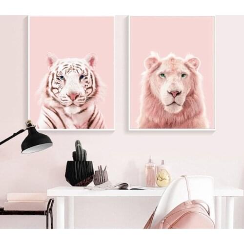 Pink Panther Prints Lion Tiger Art Poster Nursery Wild Animals Blush Pink Pastel Wall Art Canvas Painting Kids Room Wall Decor
