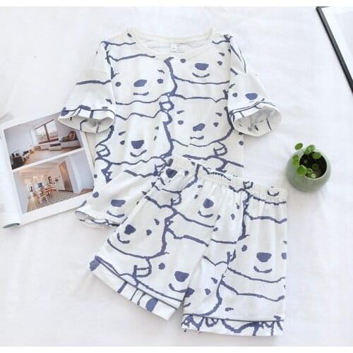 Summer 2021 new pajamas womens thin short-sleeved shorts knitted cotton round neck printed pattern fashion home service suit