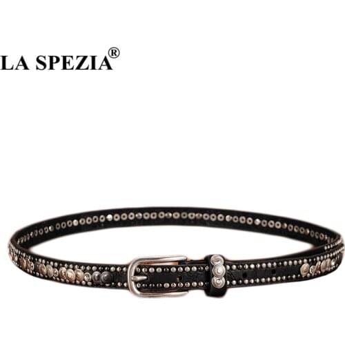 LA SPEZIA Women Thin Belt Real Cow Leather Pin Buckle Belts Female Fashion Black Rhinestone Rivet Ladies Genuine Leather Belt