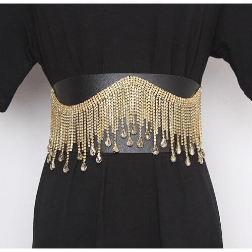 Luxury SIlver Gold Crystal Fringe Tassel Waist Belt Ladies Wide PU Leather Waistband Women Elastic Corset Strechy Belt For Dress