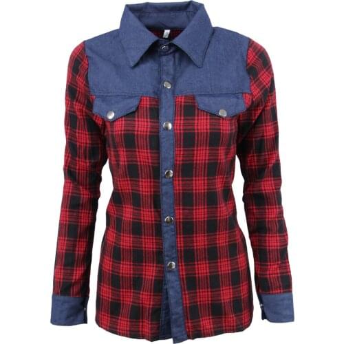 Tissbely Long Sleeved Plaid Shirt Collar Collar Cowboy Splicing Striped Lattice Single Breasted 2018 Autumn New Womens Shirts