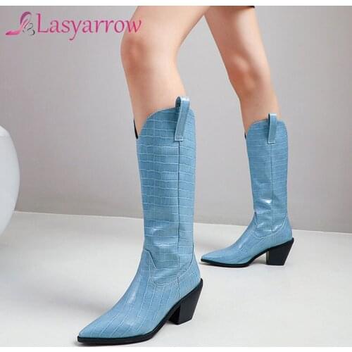 Lasyarrow Embossing Faux Leather Mid Long Womens Boots Block High Heel Cowgirl Western Boots Pointed Toe Winter Shoes Blue Black