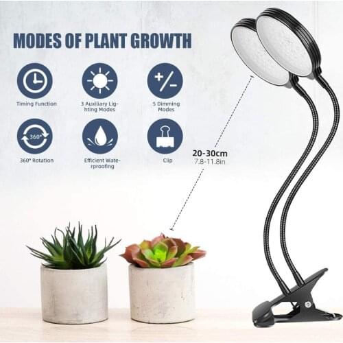 Double Plant Grow Light Dual LED Clip-on Waterproof Lamp 30W with Full Spectrum 3 Modes Fits Indoor Plants Garden Greenhouse
