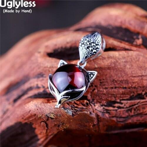 Uglyless China Myth Magic LOVE GOD Fox Pendants for Women Garnet Chalcedony Necklaces NO Chains 925 Silver Animals Foxes Jewelry