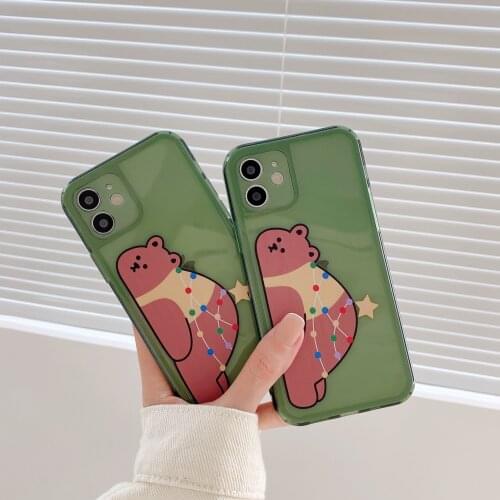 Retro Korean bulb lazy bear Jelly green Phone Case For iPhone 11 12 Pro Max XR Xs Max 7 8 Plus Case soft Transparent Back Cover