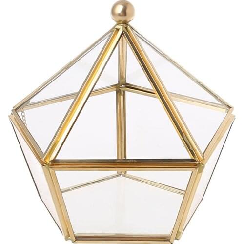 Vintage Decorative Jewelry Chest Geometric Terrarium Window Box Storage Display Case Pentagon Shape Clear Glass