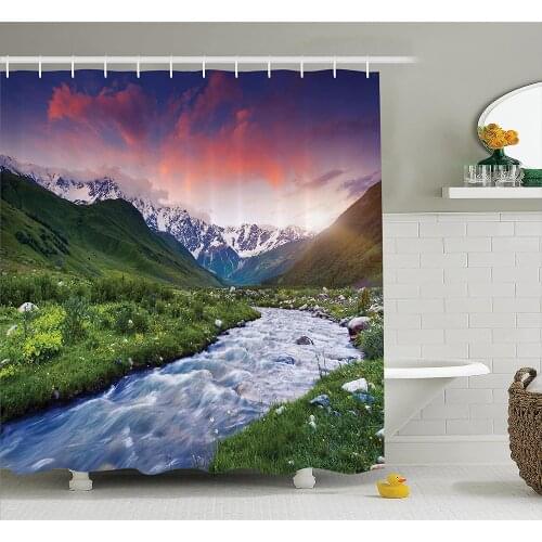 Lake House Shower Curtain Colorful Overcast Sky Skirts of Mt. Shkhara Svaneti Georgia Caucasus Mountains Nature Bath Curtains