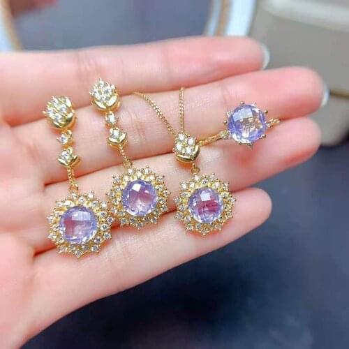 Natural Lavender Amethyst Pendant Necklace Ring Earrings Luxury Set S925 Sterling Silver Fine Fashion Jewelry for WomenMeibaPJFS