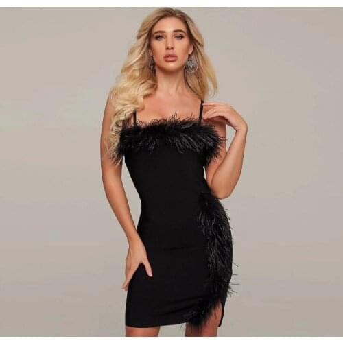 Black Wine Red Fashion Feather Dress Sexy Spaghetti Strap Bodycon Backless Summer Vestidos Women Sleeveless Mini Dresses 2019