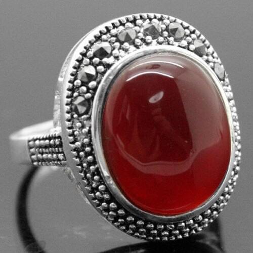 Ladys fashion 17*21mm VINTAGE RARE 925 SILVER NATURAL RED Natural jade MARCASITE RING SIZE 7/8/9/10