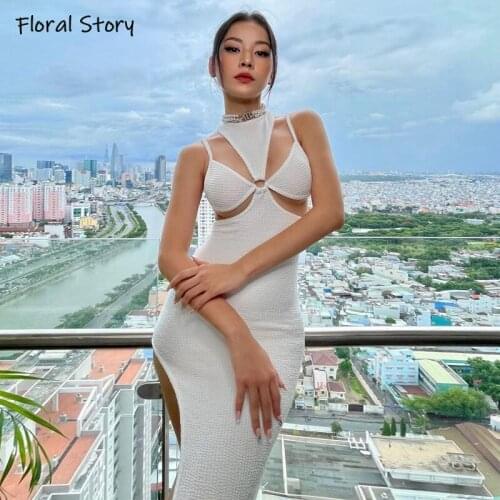 FLORAL STORY Woman Hollow Out Spaghetti Bodycon Mid Sexy Dress Street Style Autumn Pullover Spilt Cut Out White Elegant Dress