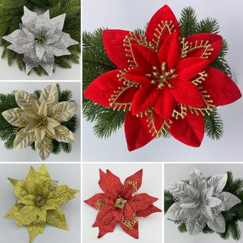 20cm/22cm Big Flower Head Glitter Artificial Silk Flower Christmas Tree Ornament DIY Christmas Decoration New Year Decor