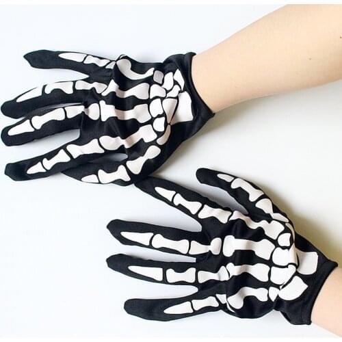 Black Cool Halloween Women Wrist Length Glove 2021 Novelty Nylon Skeleton Print Scare Props Gloves Hipster Street Goth Acessory