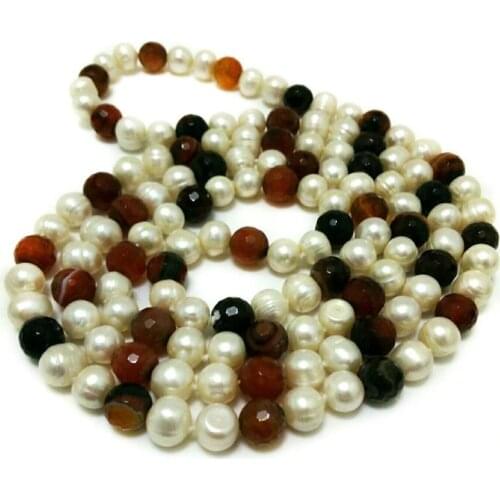 Unique Pearls jewellery Store 48 inches 9-10mm Natural White Freshwater Pearl Round Faceted Tourmaline Long Chain Necklace