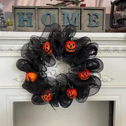 Halloween Door Wreath Pumpkin Black Mesh Halloween Decorations Horror Ornament For Garden Fence Home Wall Store Window 2021 New
