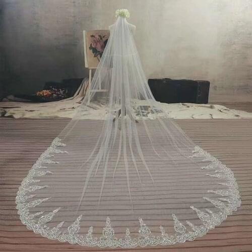Elegant Long Wedding Veil with Sequined Lace Edge Two Layer Bridal Veils 3M
