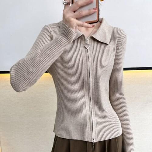 Zipper Polo Collar Cardigan Women Autumn Knitted Jacket Casual Slim Warm Bottoming Winter Cashmere Wool Sweater Coat Outerwear