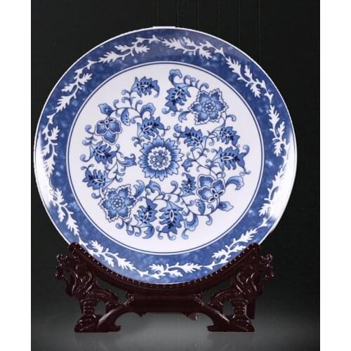 Jingdezhen Ceramics Chinese style blue and white decorative plate ornaments home living room porch background wall hanging plate