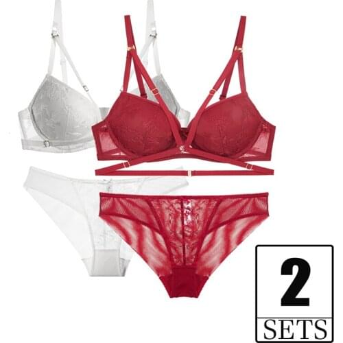 2 Piece Set Cross Bandage Sexy Lingerie Embroidery Lace Underwear Thick Underwire Deep V Push Up Women Bra And Panties White Red