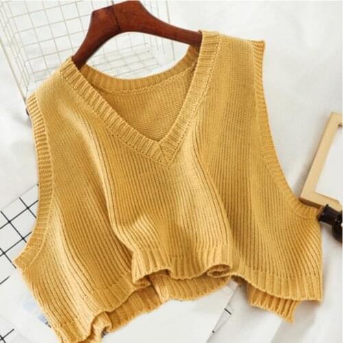 Korean Women Short Knitted Sweater Sleeveless Female Crop Tops Women Loose Vest Ladies V-Neck Pullover Tank Tops Girls Waistcoat