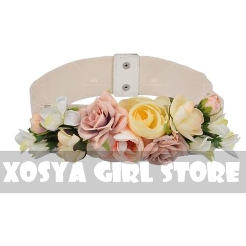 Sweet Elegant Women Pink Flower Belt Elastic Waist Chain Wedding Buckle Waistband Boho Floral Belt Accessories DW09