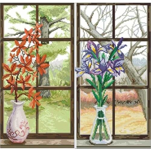 Vase in front of the window counted 11CT 14CT 18CT Cross Stitch Set DIY Chinese Cross-stitch Kit Embroidery Needlework Home Deco