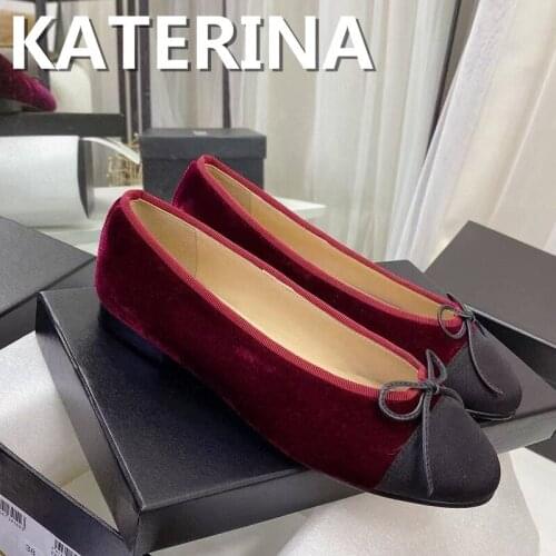 2021 New Fashion Designer Round Toe Ballet Shoes Lady Light Tape Bow Leather /Flock/ Slip On Flat Shoes Plus Size 42 Brand