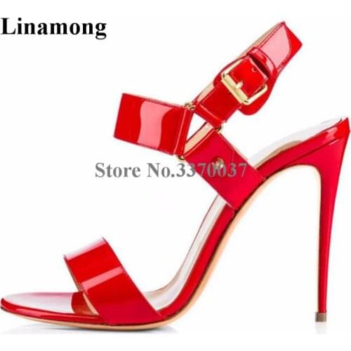 New Fashion Women Charming Patent Leather Stiletto Heel Strappy Sandals Nude Red Blue Black Buckle High Heel Sandals Dress Shoes
