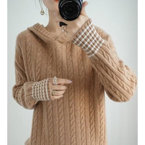 Autumn and winter 20 new 100% pure wool sweater womens solid color loose Pullover Hooded cashmere knitted twisted pattern