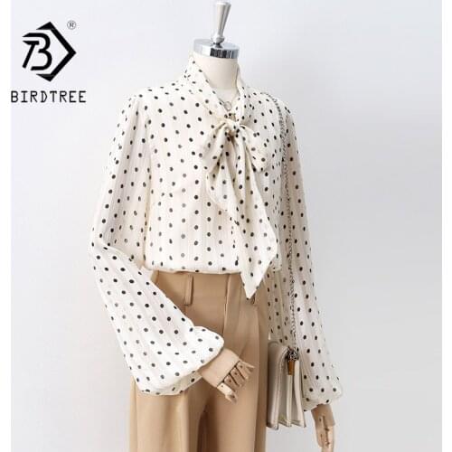 Autumn Women Shirts Vintage Lantern Sleeve Chiffon Blouse Dot Transparent V-Neck Elegant Office Wear Fall Spring Bow Tie Tops T1