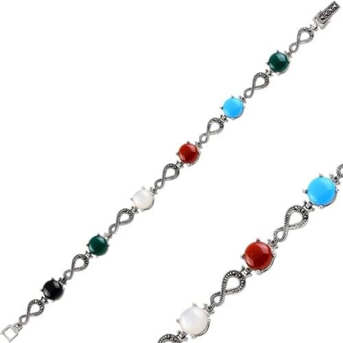 Silver 925 Sterling Marcasite & Natural Stone Bracelet