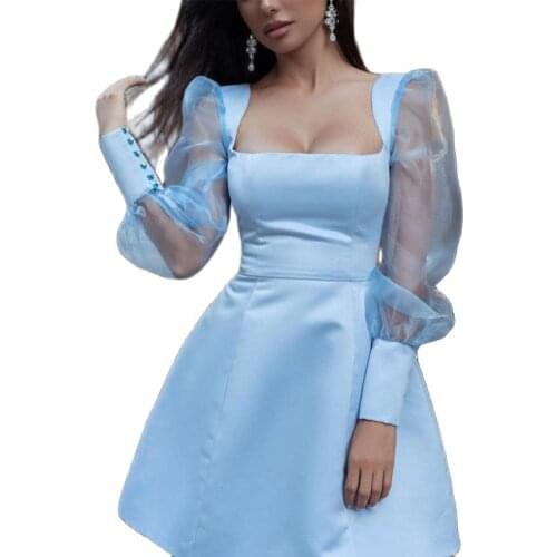 Mesh White A Line Mini Dress Satin Double Layer Sweet Square Neck Bandage Puff Sleeve Summer Dress 2021 Streetwear